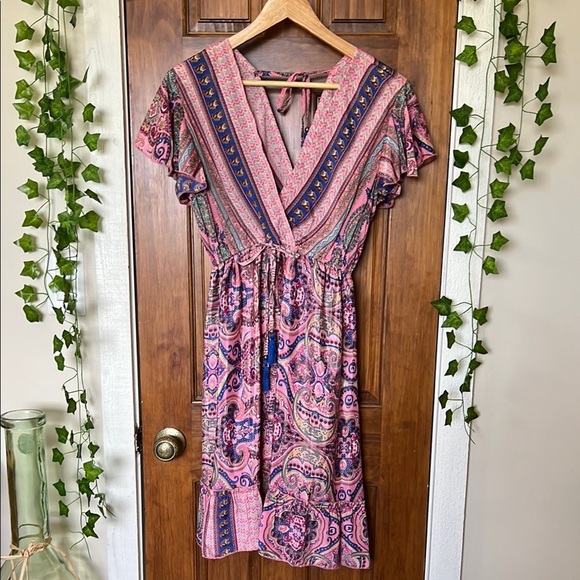 SILK Blend Bohemian Boho Tie Neck Pink Paisley Midi Dress - Picture 1 of 10